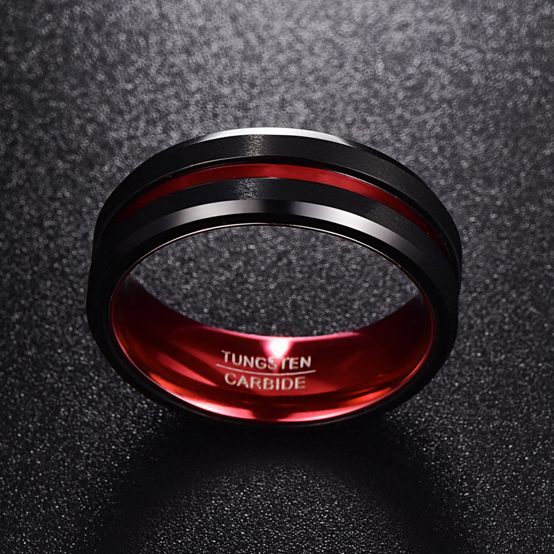 Black and Red Tungsten Carbide Ring Matte Finish Beveled Edges