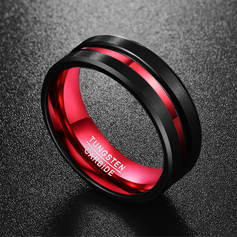 Black and Red Tungsten Carbide Ring Matte Finish Beveled Edges