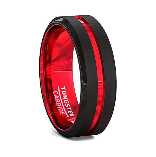 Black and Red Tungsten Carbide Ring Matte Finish Beveled Edges