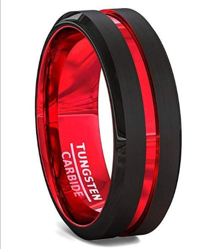 Black and Red Tungsten Carbide Ring Matte Finish Beveled Edges