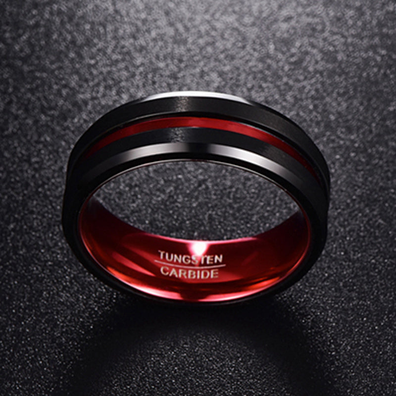 Black and Red Tungsten Carbide Ring Matte Finish Beveled Edges